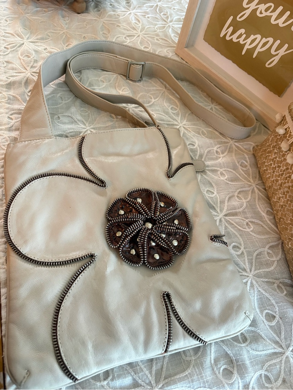 Maria Brunetti Genuine Leather Crossbody Bag Gray Floral Appliqué Zip Detail